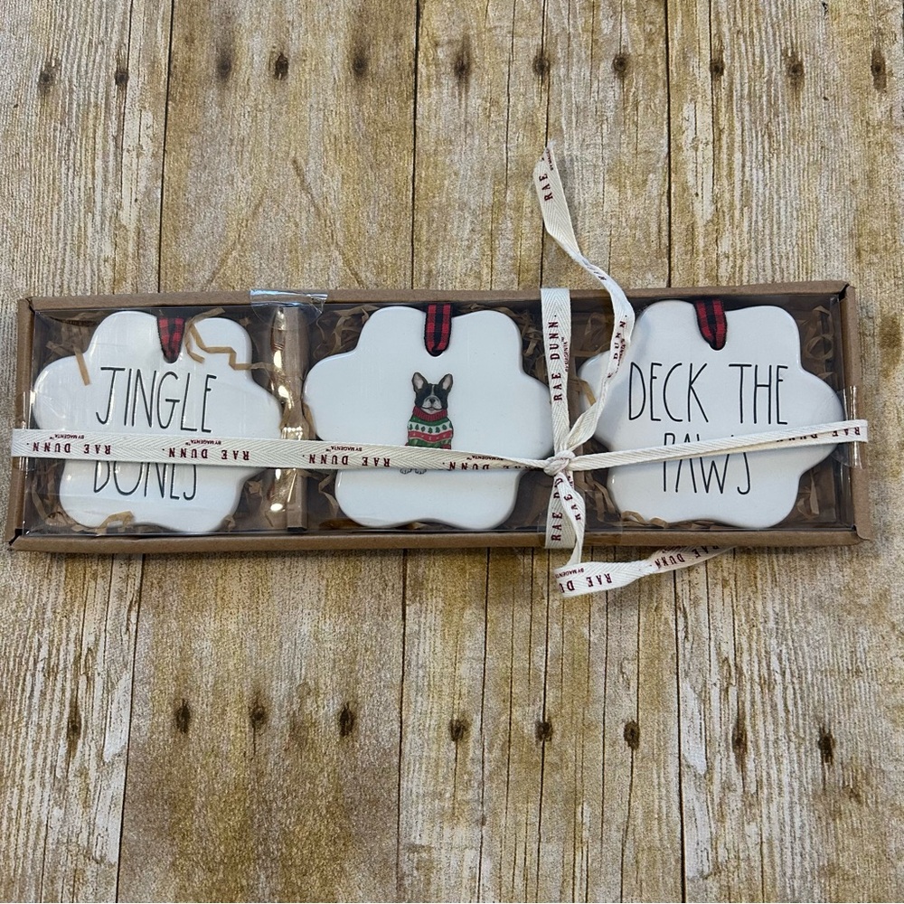 Rae Dunn Christmas Ornaments Set 3 Jingle Bones Deck the Paws Boston Terrier Dog